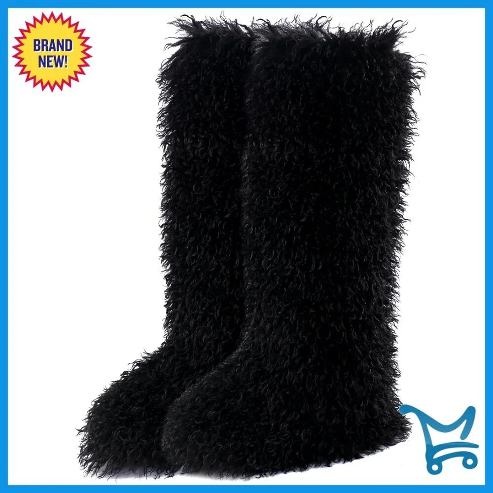 Faux Fur Tall Winter Boots, Mid-Calf Snow Boots, Pull-On Fuzzy Boots